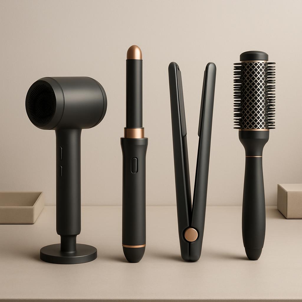 Four hair styling appliances against a beige background. A black blow dryer with copper accents, an iron curling rod with ...