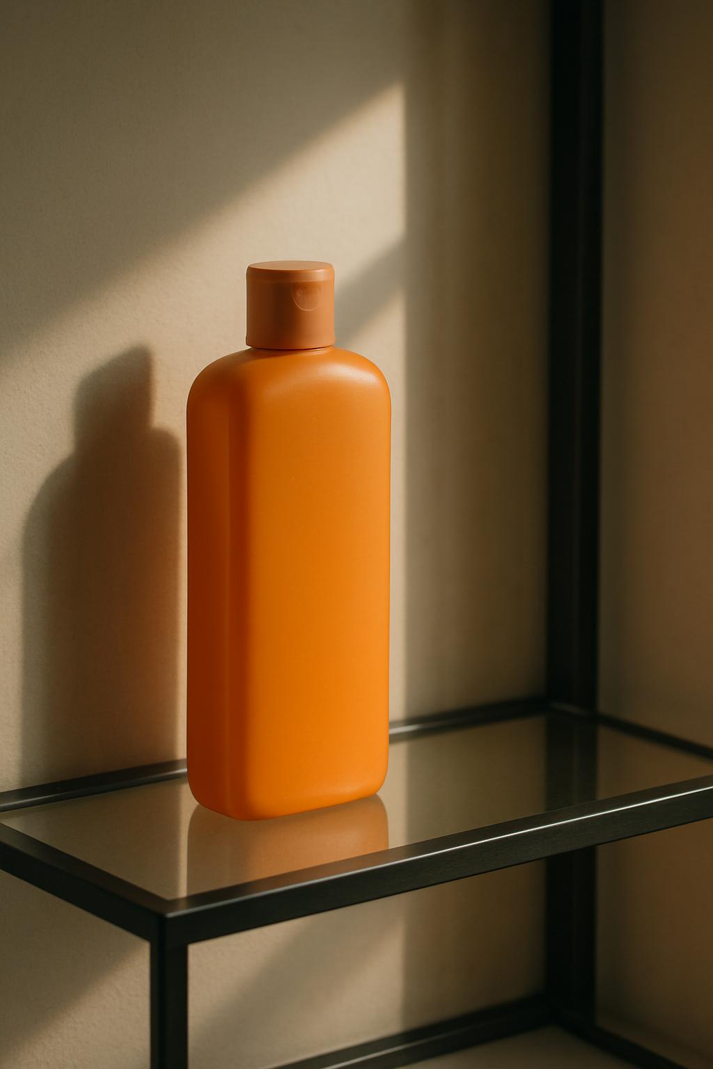A photo of an orange bottle sitting on a black shelf