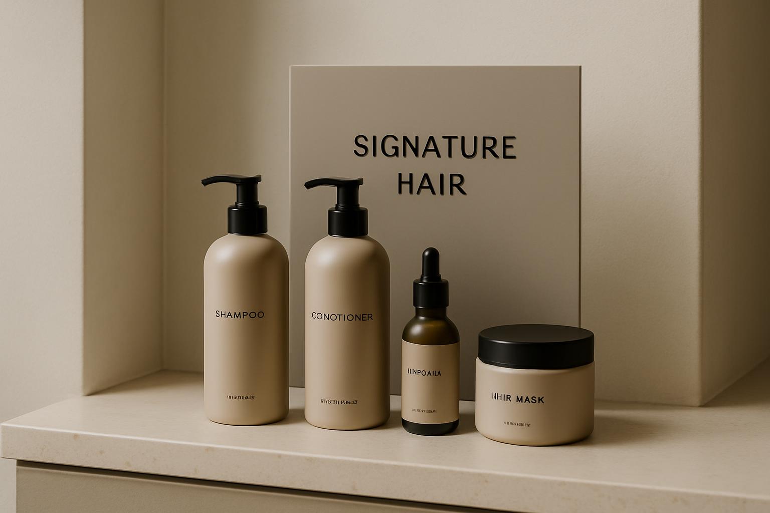 The products shown in the image include shampoo, conditioner, hair serum, and a hair mask, accompanied by a label emphasiz...