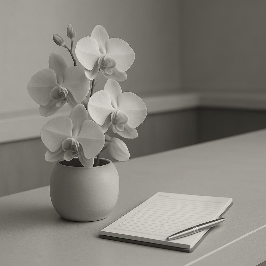 A container with white orchid plant and one notebook.