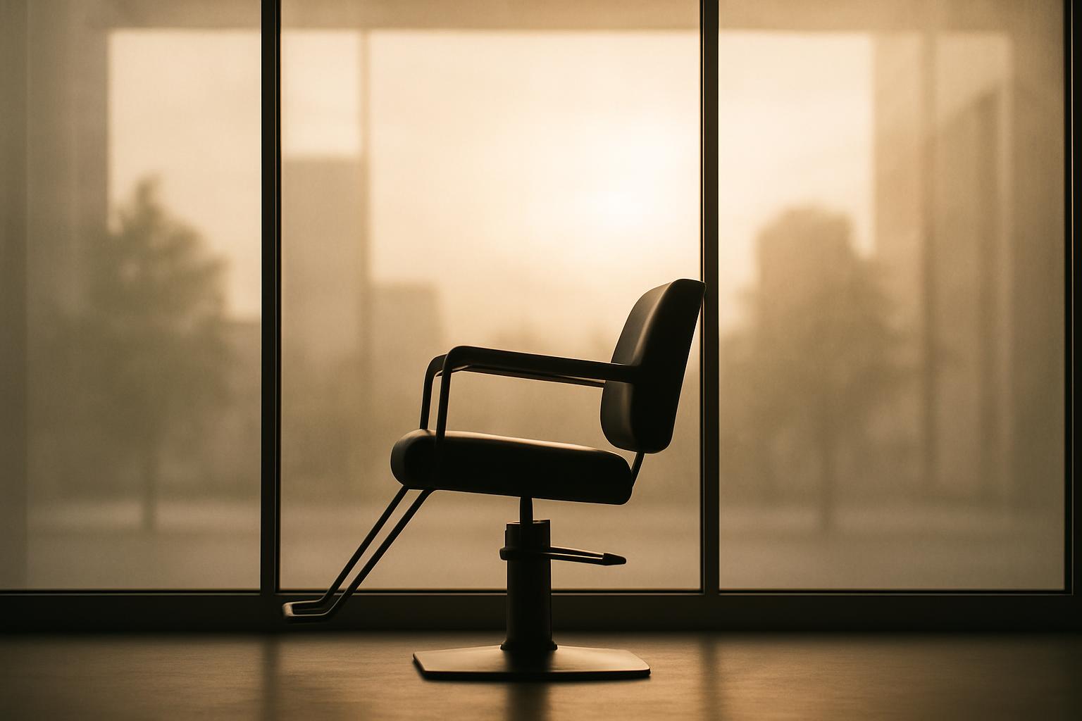 The barber chair is located in front of a window, the light shines from behind, it's a subtle image of modern hair salon.