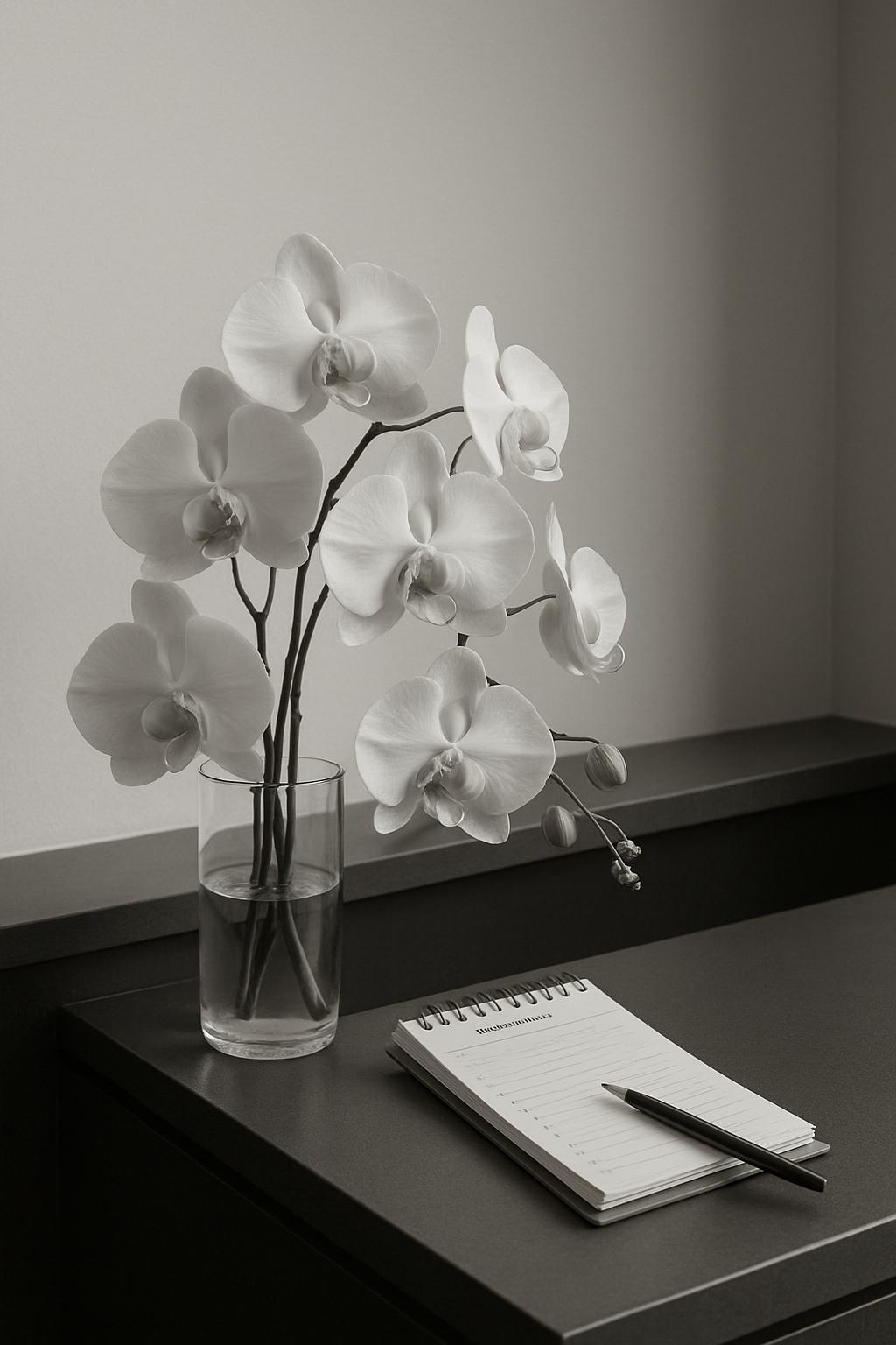 An arrangement of flowers and notebooks set on a desk, featuring white orchids and a list of therapist diary entries.