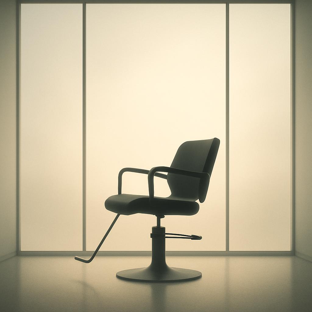 A vacant chair sits in a room with foggy windows, bathed in captured sunlight.