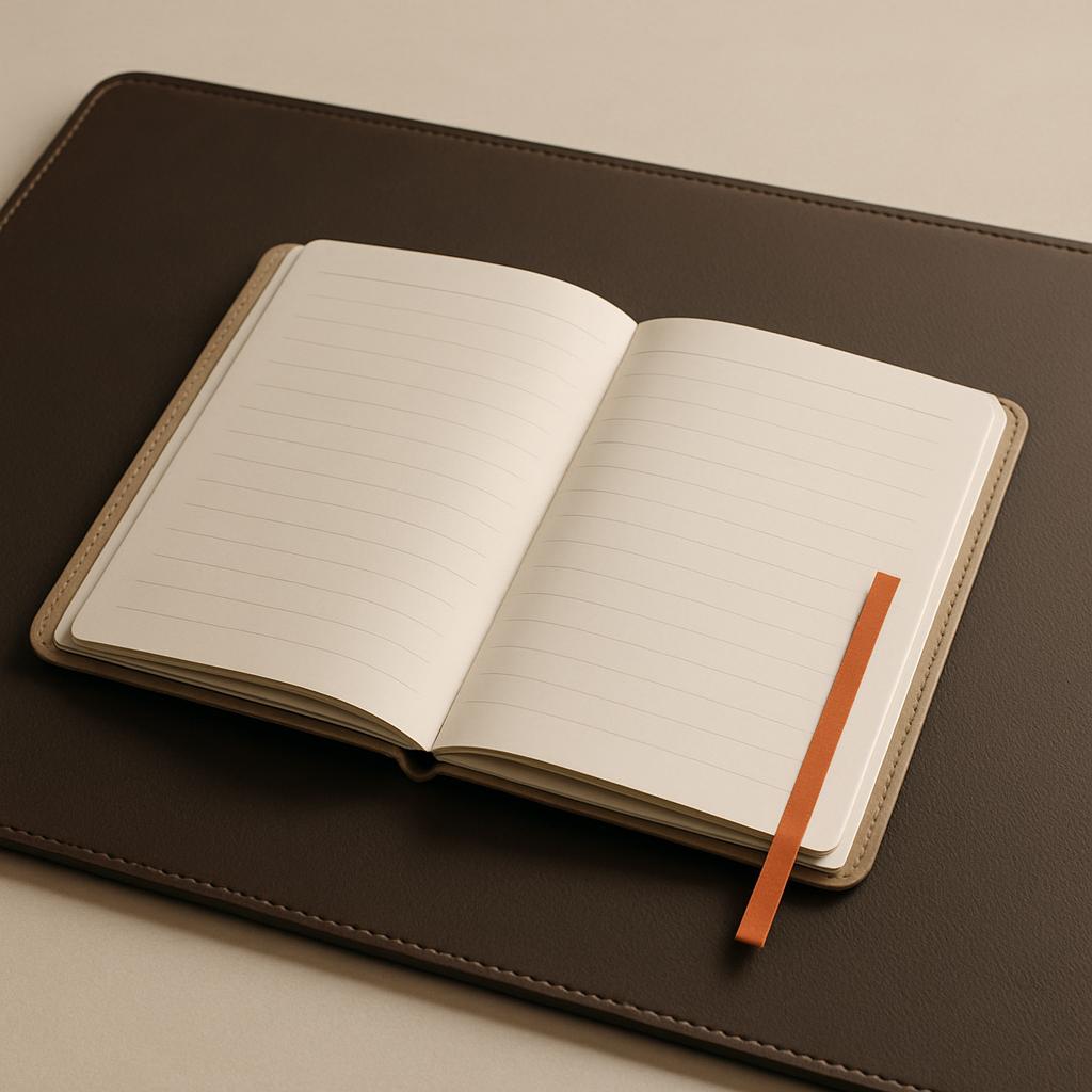 Open notebook on top of a brown binder